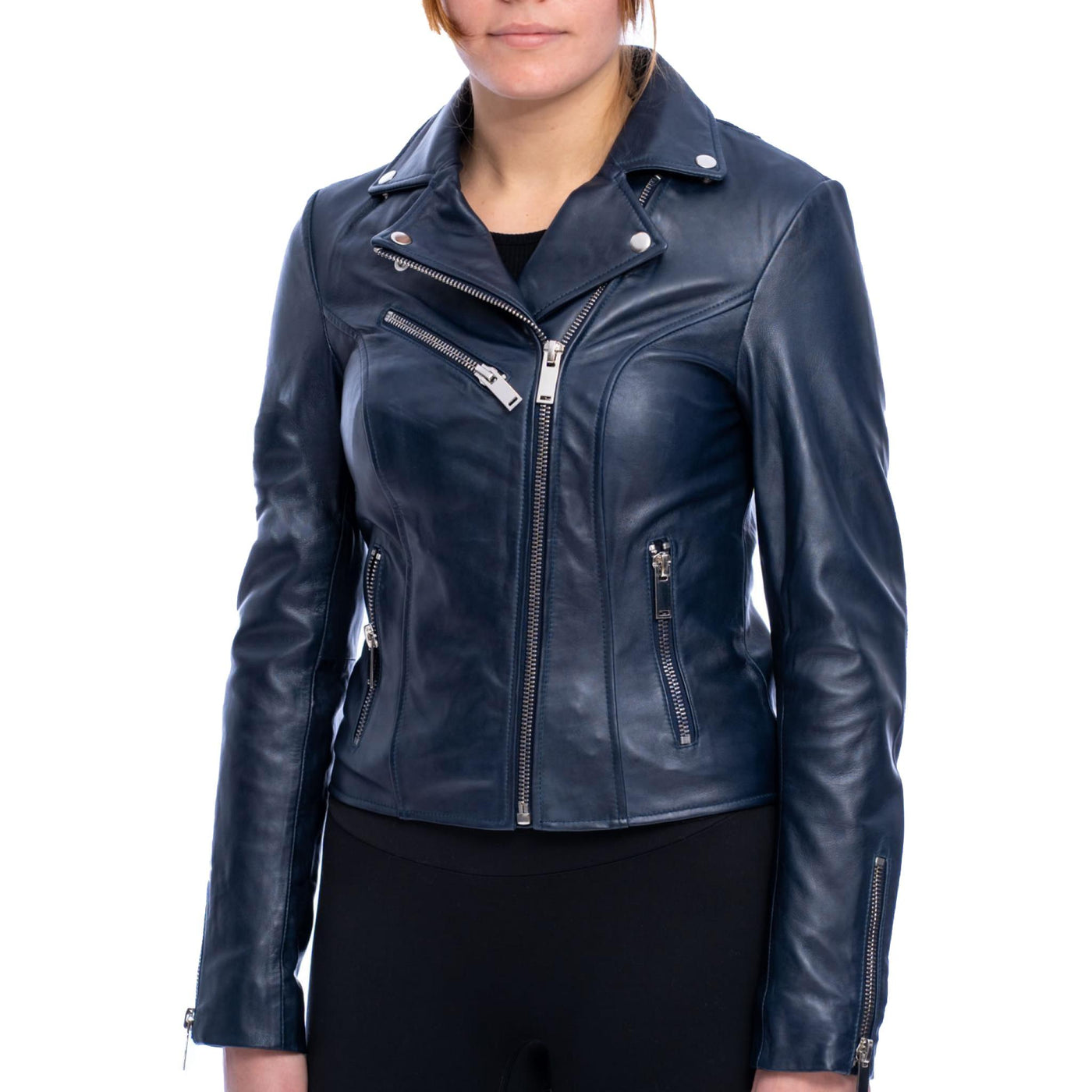 Women's Blue Moto Leather Jacket - Bull Armour