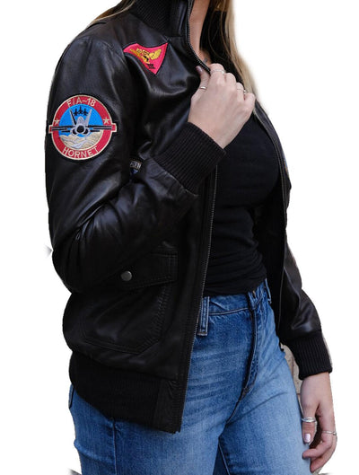 Women's Top Gun Bomber Leather Jacket - Bull Armour